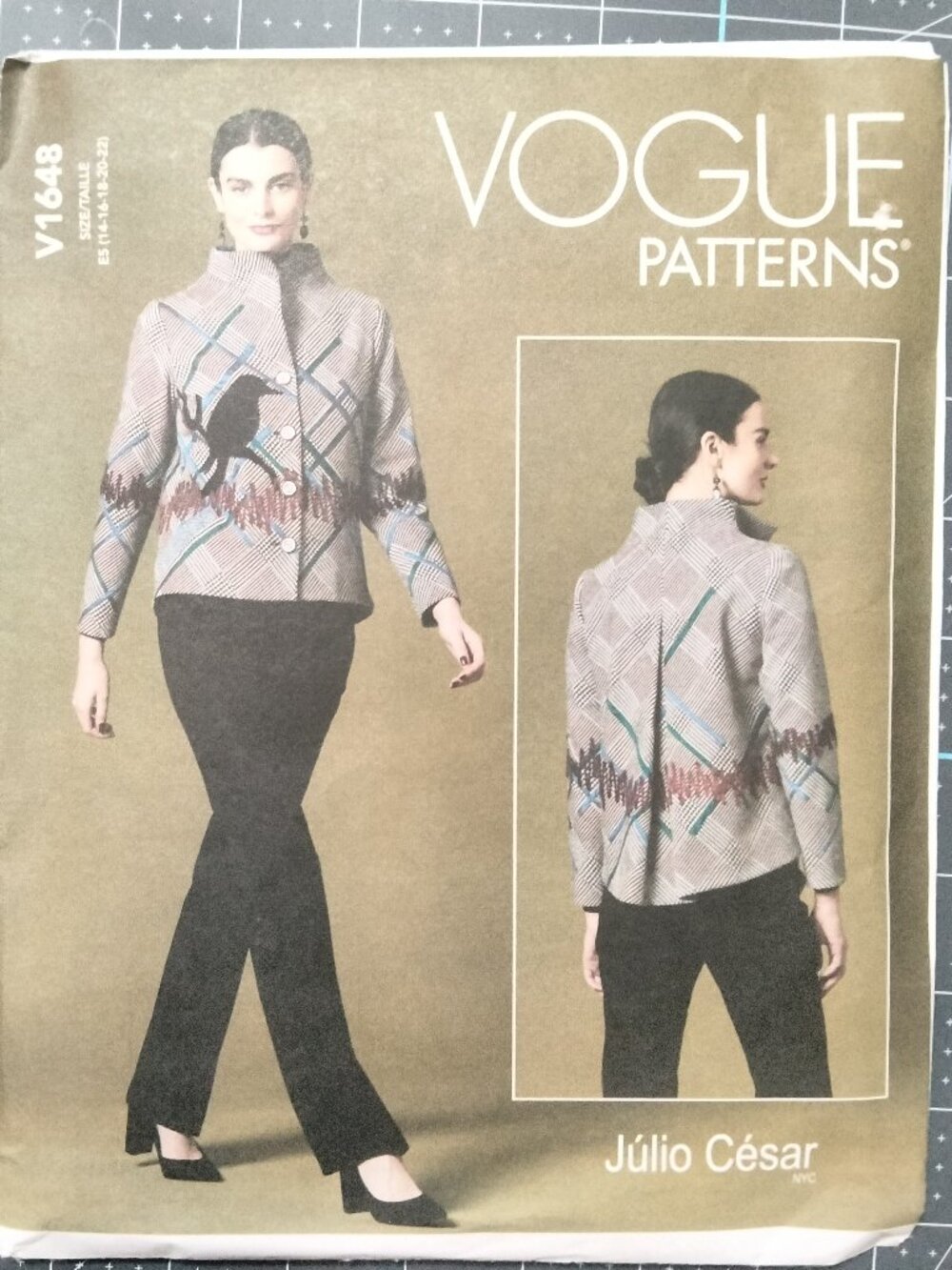 V1648 Julio Cesar Vogue Pattern, 14-22, Misses' Designer Jacket, Uncut, FF, OOP